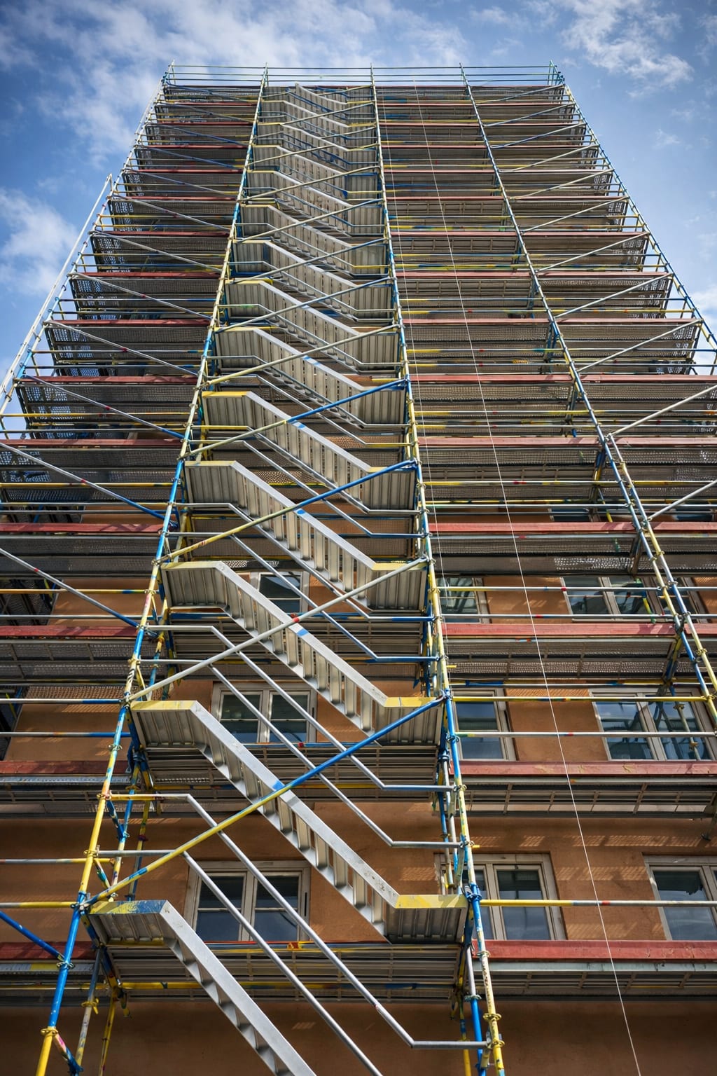 Trapptorn i aluminium med räcken som ger åtkomst till ställningens övre plan
